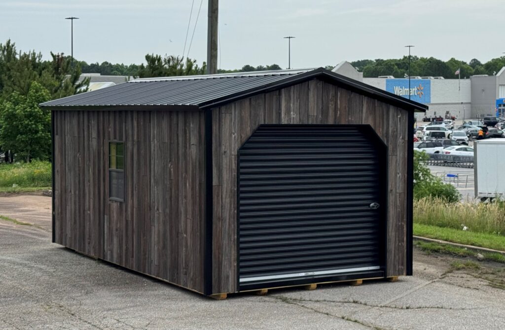 A metal shed with metal sheeting in a wood pattern