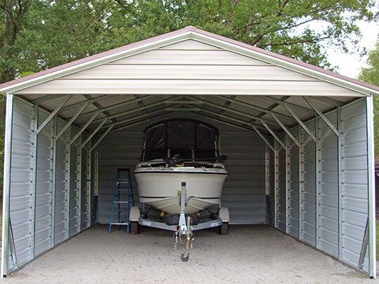 boat stored in enclosed metal building